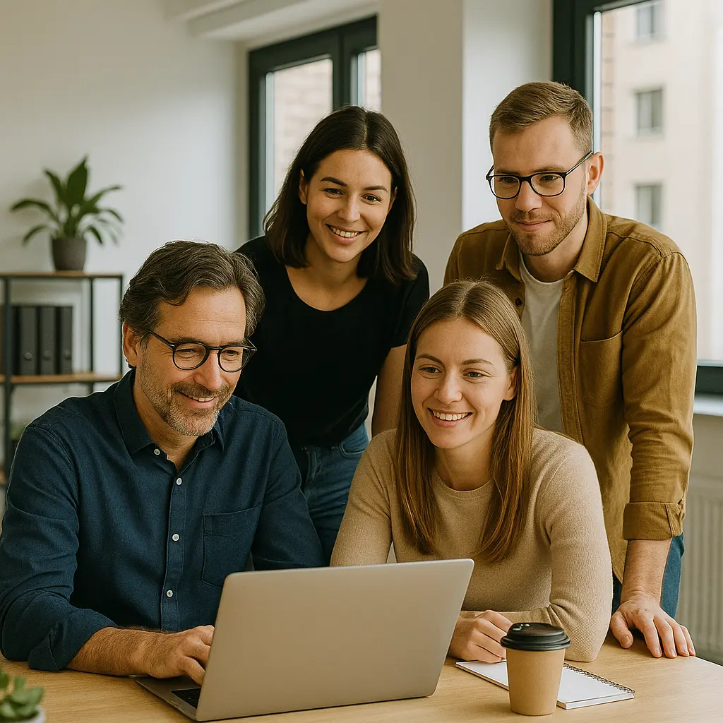 A group of four professionals collaborating around a laptop in a modern office setting, smiling and engaged in discussion.