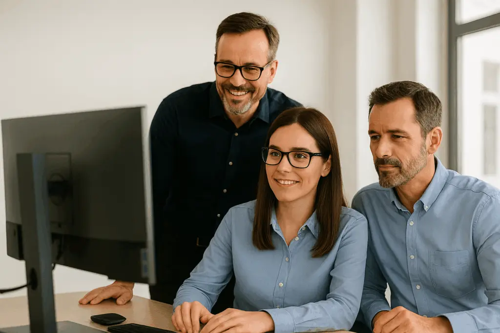 A team of three professionals looking at a computer screen, smiling and engaged in a discussion, dressed in matching blue shirts.